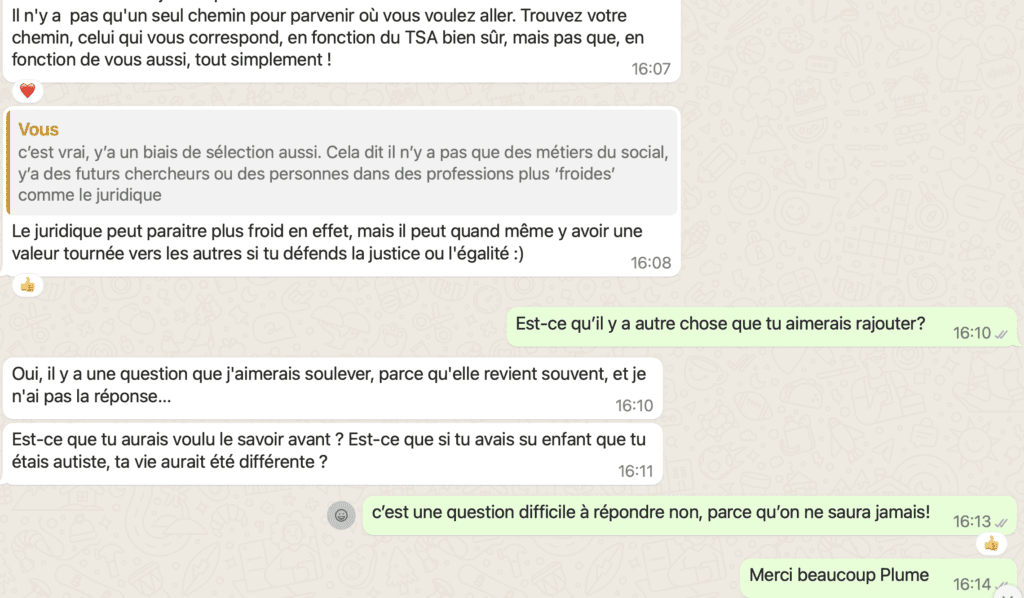 Image d'une conversation entre Plume de Bleuet et Alexia d'Hapyk sur son expérience en tant que femme autiste