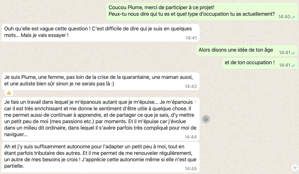 Image d'une conversation entre Plume de Bleuet et Alexia d'Hapyk sur son expérience en tant que femme autiste