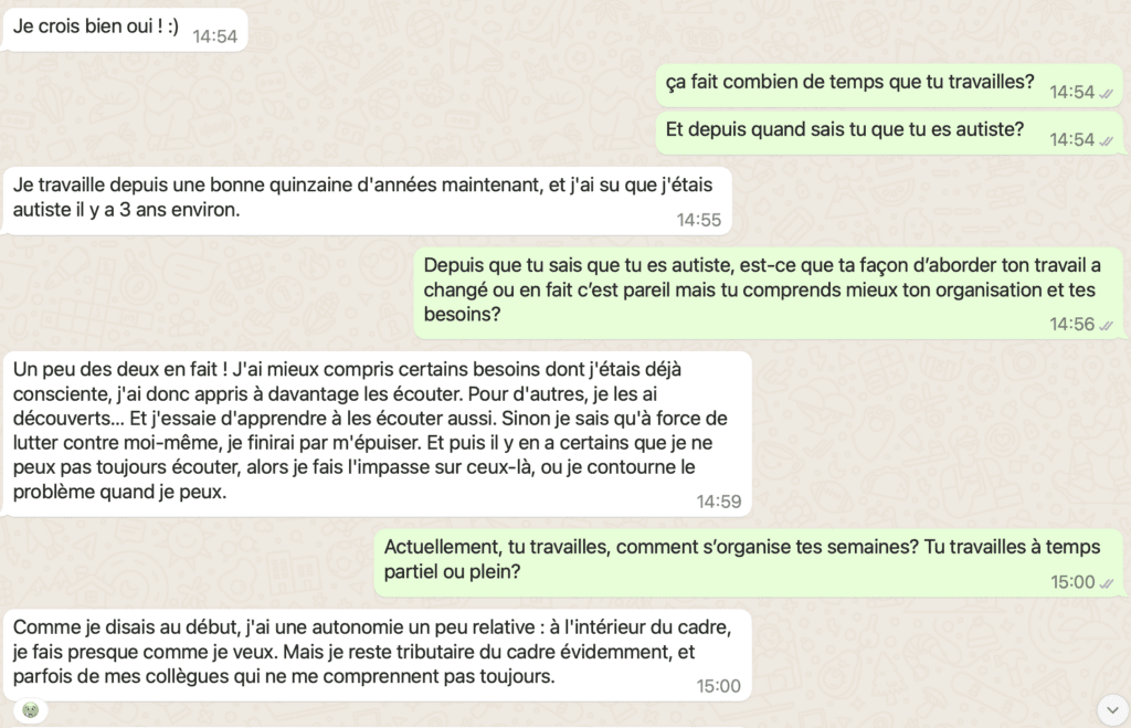 Image d'une conversation entre Plume de Bleuet et Alexia d'Hapyk sur son expérience en tant que femme autiste